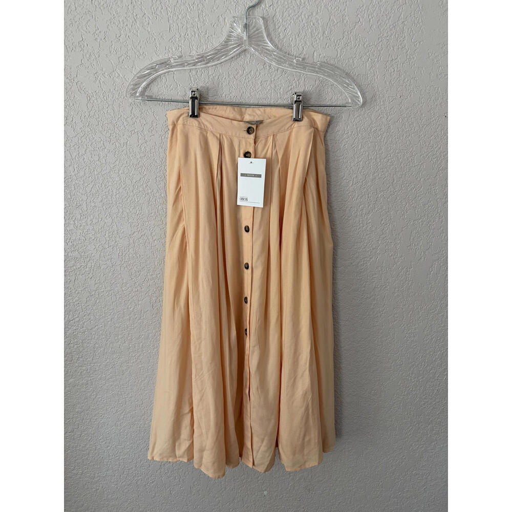 NWT ASOS Pleated Midi Skirt Button Front Peach Size 0 Petite
